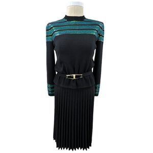 St John Saks Fifth Avenue Belted Peplum Sweater Accordion Pleat Knit Skirt Set
